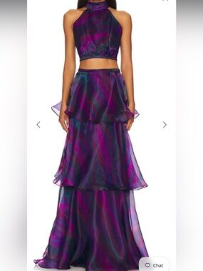 YAURA Faari Two-Piece Set Purple Aquarelle Crop Top & Tiered Maxi Skirt UK 14